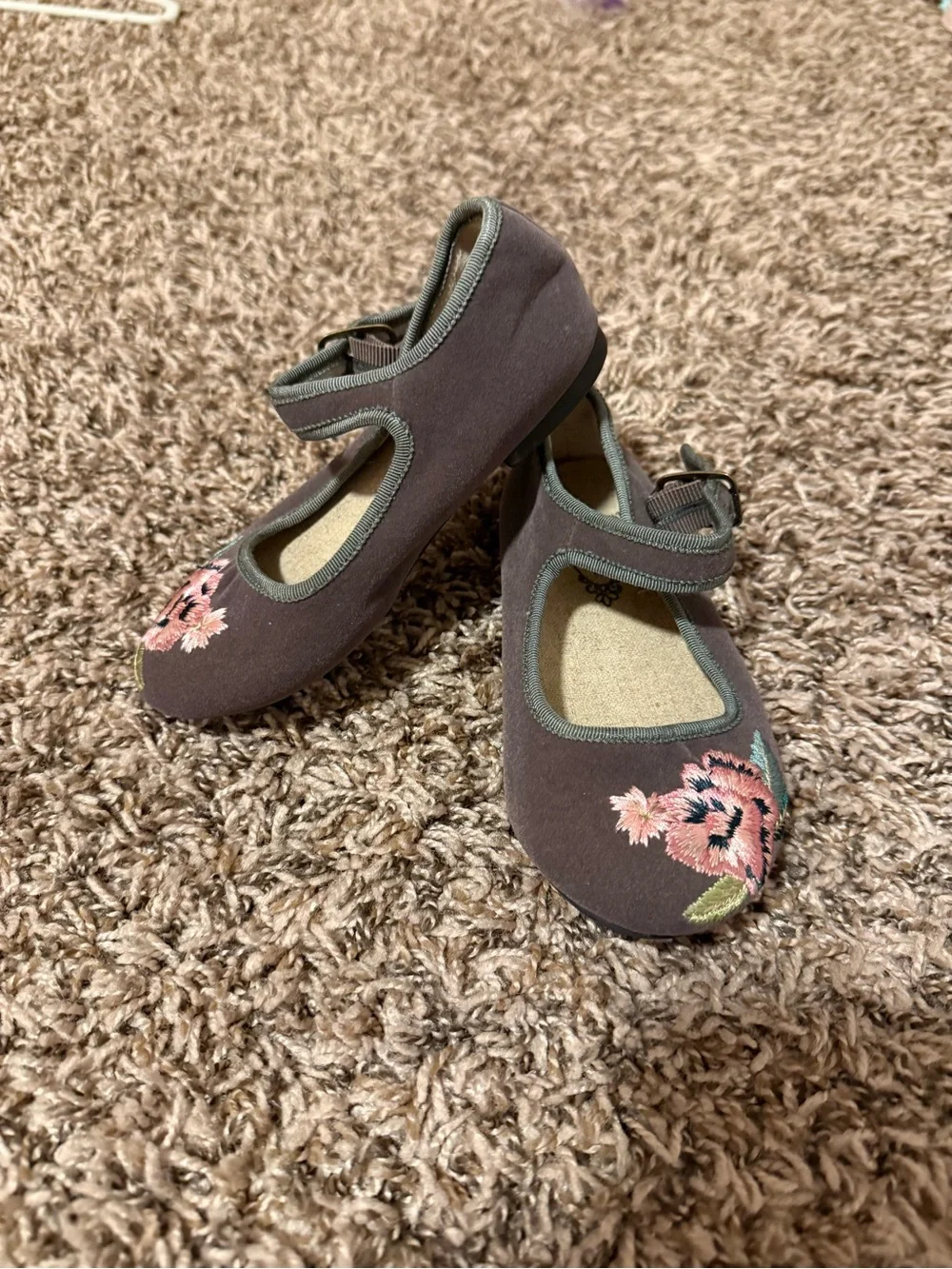 Joyfolie Girls Embroidered Floral Mary Janes in Beige, Brown, and Tan